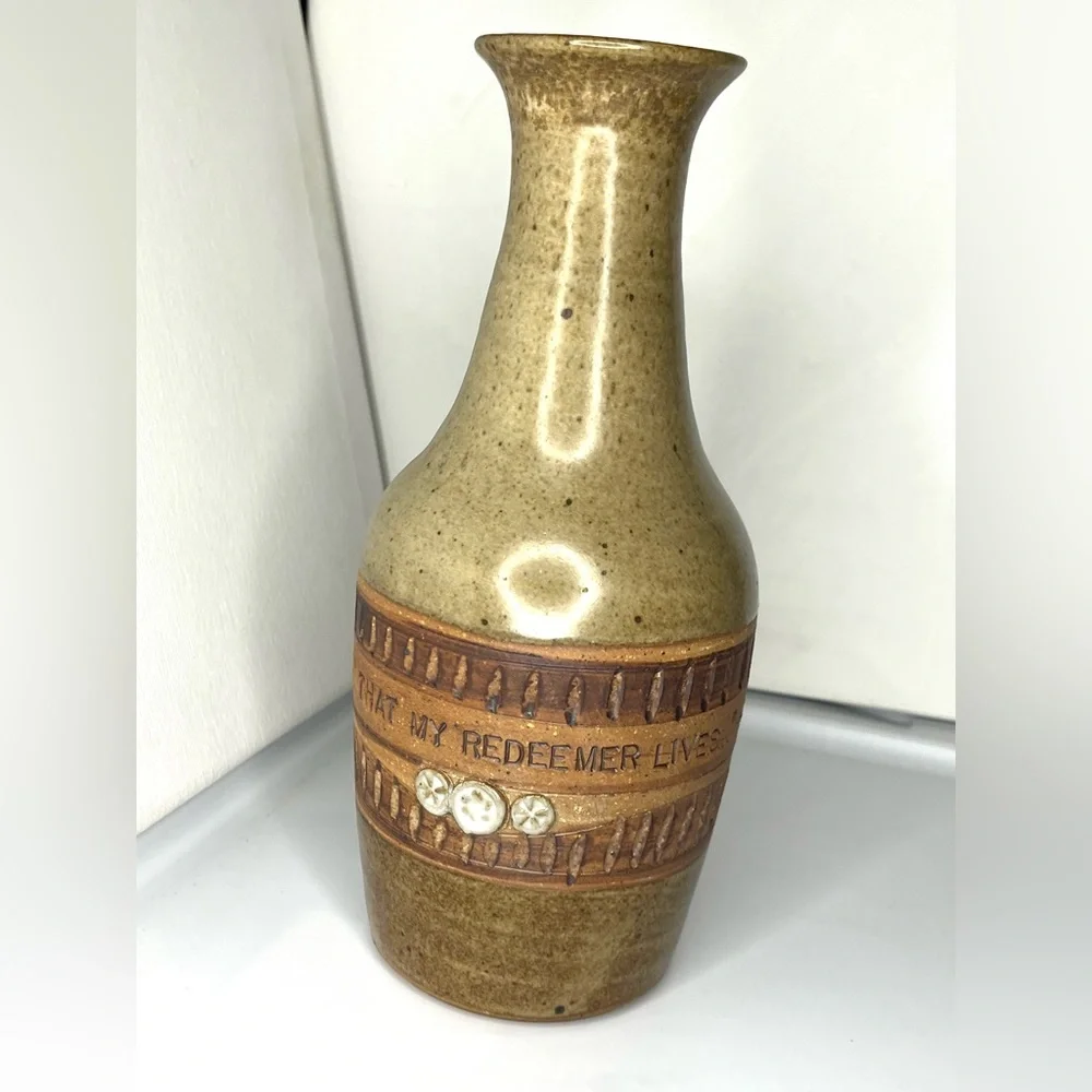 Ed Schrock 10” Pottery Vase w/ JOB 19:25 Bible Verse SIGNED Vintage